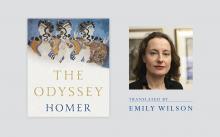The Odyssey book cover on left, headshot of Emily Wilson on the right above text, "Translated by Emily Wilson," with a grey background around images and text
