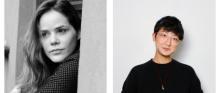 Two photographs, side by side: first, BIANCA STONE in black and white, staring off camera; 2nd: CONNIE YU in black sweater in front of white background