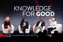 Penn President Amy Gutmann holds a conversation at a 'Power of Penn' campaign kickoff event in Boston with professors Donita Brady of the Perelman School of Medicine, Vivek Shenoy of the School of Engineering and Applied Science, and Emily Steiner of the School of Arts and Sciences. 