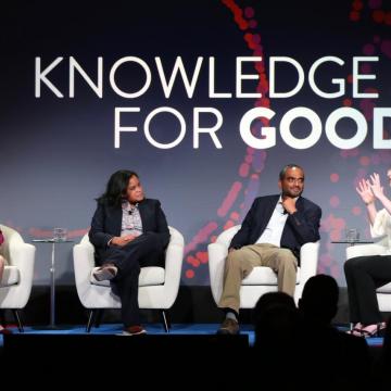 Penn President Amy Gutmann holds a conversation at a 'Power of Penn' campaign kickoff event in Boston with professors Donita Brady of the Perelman School of Medicine, Vivek Shenoy of the School of Engineering and Applied Science, and Emily Steiner of the School of Arts and Sciences. 